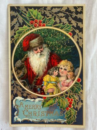 Vintage Postcard Christmas Redsuit Santa W/ Girl And Dolls 7092