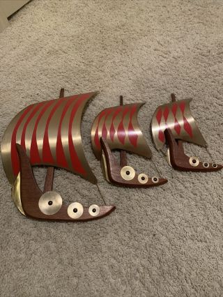 Set Of 3 Vintage Mid Century Masketeers Style Wood Metal Viking Ships Sail Boats