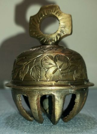 Vintage Brass Etched Temple Elephant Claw Bell - Made In India