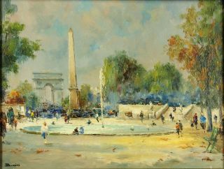 Vintage Julien Brosius French Oil Painting Paris Street Scene w/ Arc de Triomphe 2