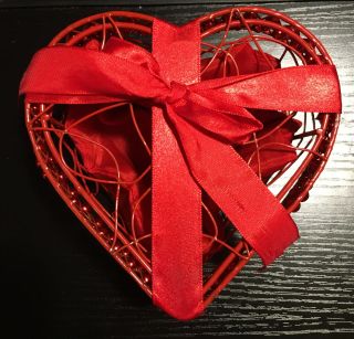 Heart Shaped Trinket Box Metal Wire Basket With Lid Red Faux Pearls Ribbon