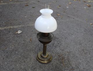 Antique Victorian Veritas Brass Corinthian Column Oil Lamp With Milk Glass Shade