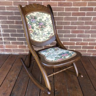 Vintage Antique Folding Wooden Rocking Chair Carved Floral Tapestry Design 1900s