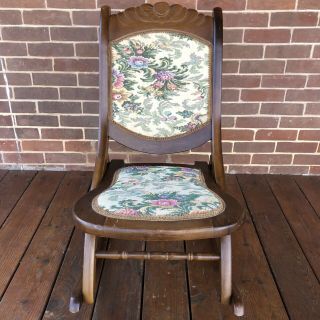 Vintage Antique Folding Wooden Rocking Chair Carved Floral Tapestry Design 1900s 2