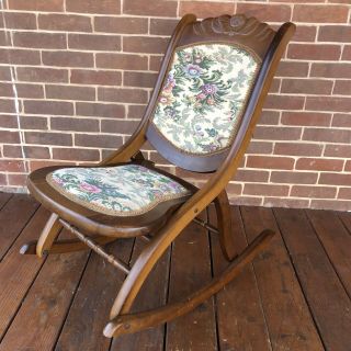 Vintage Antique Folding Wooden Rocking Chair Carved Floral Tapestry Design 1900s 3