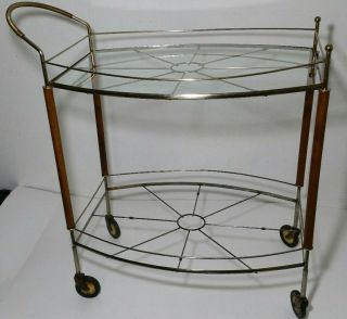 Vtg.  Mid - Century Modern Teak Metal Glass Rolling Bar Tea Cart - Atomic Sunburst