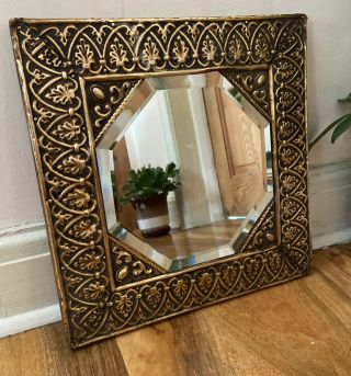 Vintage Antique Arts And Crafts Bevelled Edge Brass Framed Square Mirror