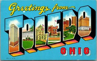 Vintage 1950s Toledo Ohio Large Letter Postcard Curteich Chrome 7c - K2071