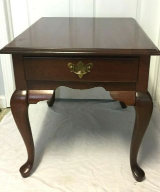 Vintage Solid Cherry Wood Queen Anne Style End Side Table W/ Drawer -