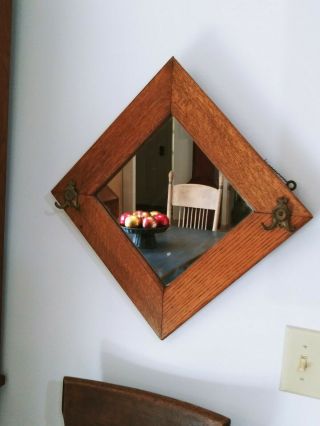 Antique Mission Oak Vintage Arts & Crafts Diamond Hanging Wall Mirror