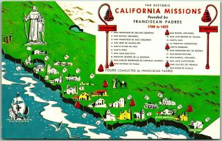Vintage 1960s California Missions Postcard Map W/ 21 Locations Marked -