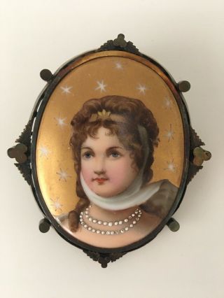 Antique Vintage Hand Painted Porcelain Portrait Brooch Pin