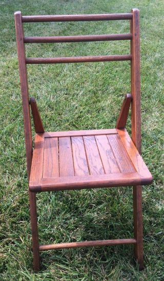 Vintage Wooden Solid Oak Slatted Back & Seat Folding Chair School Church Deck