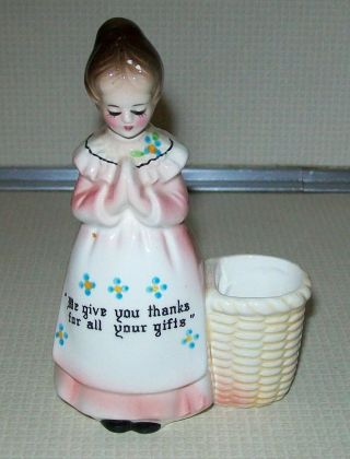 Vintage Enesco Prayer Lady Mother In The Kitchen Toothpick Holder Pink Dress