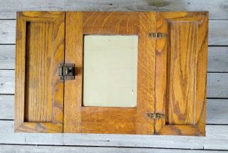 Antique Oak Wall Medicine Cabinet,  W/ Recessed Panels,  Beveled Mirror,  2 Shelves