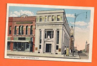 Watertown Sd - Vintage Postcard First National Bank Building Street View
