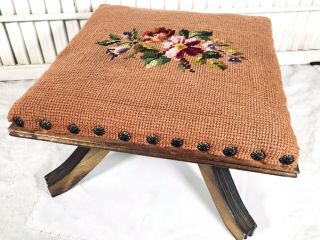 Vintage Needlepoint Foot Stool Wood Antique Tapestry Floral Craftsman Style Legs