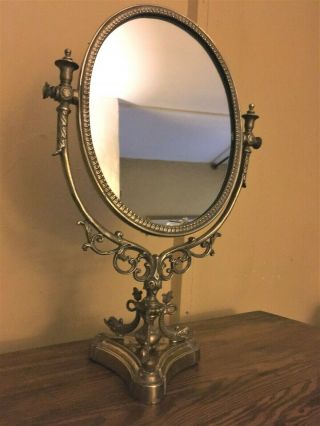 Antique Oval Dressing Mirror On Stand,  Solid Brass,  French,  Swivels & Tilts