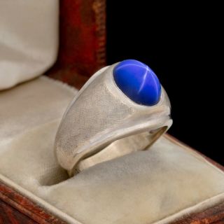 Antique Vintage Deco 14k White Gold Lindy Star Sapphire Pinky Band Ring Sz 4.  75