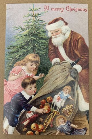 Vintage Postcard A Merry Christmas Tree Toys Santa Clause Children