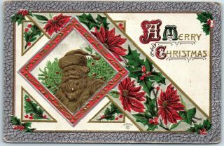 Vintage 1910s Embossed Christmas Postcard Gold Santa Claus / Poinsettia Flowers