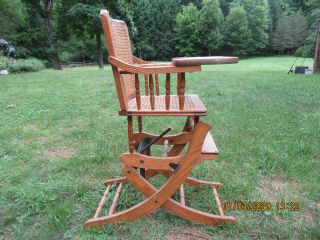 Antique Oak Convertible High Chair / Rocker W.  Caned Seat