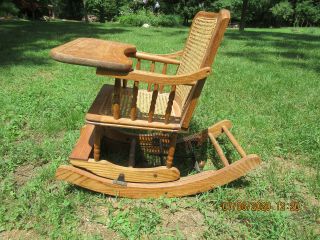 Antique Oak Convertible High Chair / rocker w.  Caned Seat 2