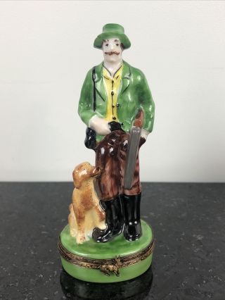 Vintage Limoges Handpainted Trinket Pull Box Rabbit Hunter W Dog First Made Le