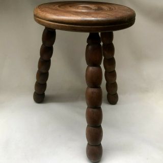 Vintage Rustic Wooden 3 Leg Milking Stool,  Circular Seat With Chunky Bobbin Legs