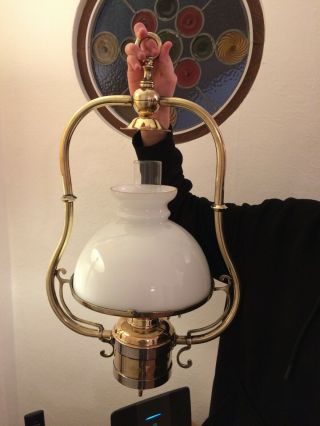 Vintage Hanging Brass Oil Lamp With Chimney And Glass Shade