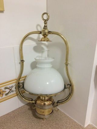 Vintage hanging brass oil lamp with chimney and glass shade 2