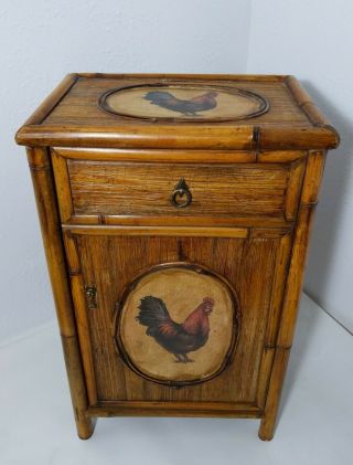 Vintage Rustic Farmhouse End Table Cabinet With Drawer,  Door Rooster Bamboo Wood