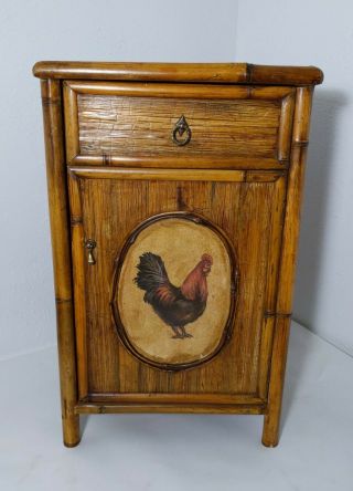 Vintage Rustic Farmhouse End Table Cabinet with Drawer,  Door Rooster Bamboo Wood 2