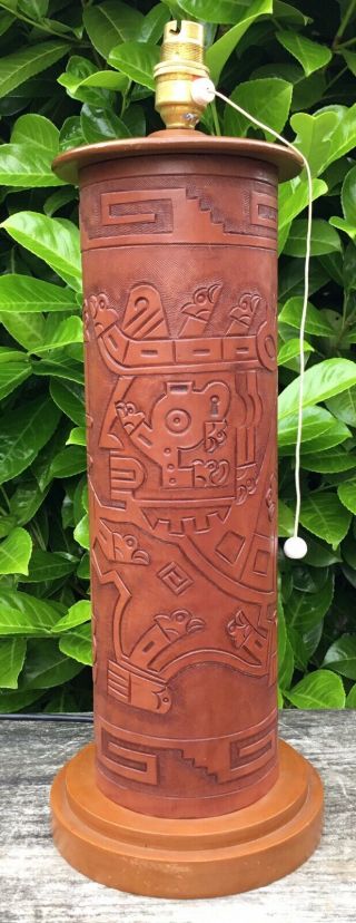 Old Vintage 17” Midcentury Wood Tooled Leather Peruvian Peru Table Lamp