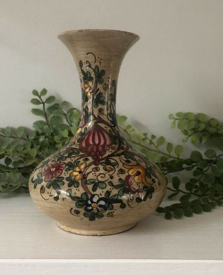 Vintage Italian Ceramic Pottery Floral Flowers Vase Brown Hand Painted Signed