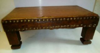 Hand Hewn Arts And Crafts Wooden Oblong Footstool,  Leather Top.