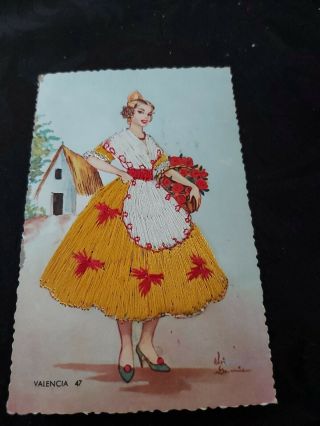 Vintage Spanish Embroidered Silk Dress Postcard Valencia