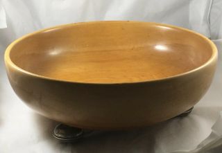 Vintage Hasselbring Wood Salad Bowl 10 - 1/2 " Mid Century Sterling Silver Feet
