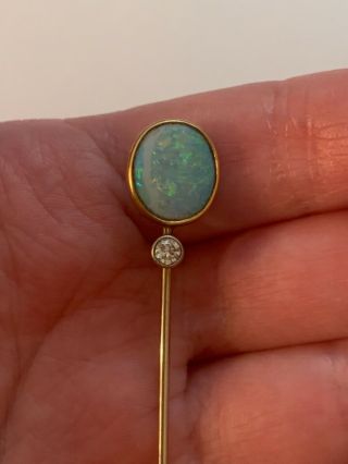Vintage Antique Victorian 14k Yellow Gold Diamond Opal Stick Pin Hat Brooch