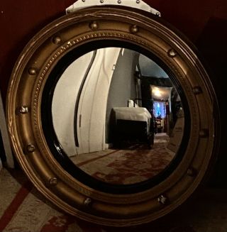 Antique Large Heavy Round Convex Mirror.  Gesso & Wood