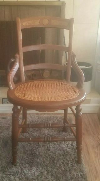 Antique Cane Seat Ladder Back Chair With Wood Inlay In