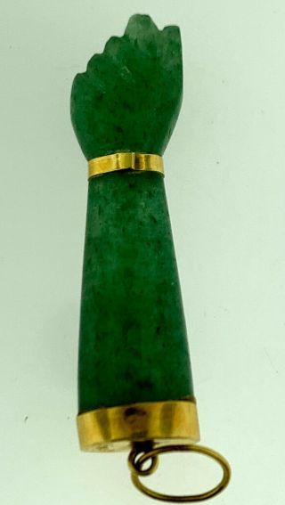 Vintage 18K Gold Figa Fist Green Jade Charm Pendant Fob Good Luck Protection 2