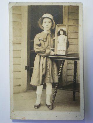 Cute Little Girl In Hat Holding A Doll Real Photo Postcard Antique Toy
