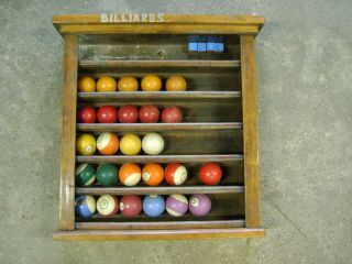 Antique Vintage Wood Cabinet Shelf Pool Table Billiards Wall Hanging Ball Rack