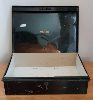 Vintage Black Criterion Lockable Metal Deed Box With Key
