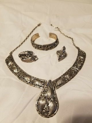 Vintage Sterling Silver Necklace Clip Earrings Ring Bracelet Set