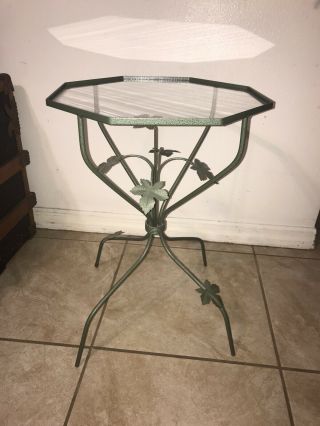 Vintage Mid Century Wrought Iron Green Ivy Patio Side Table Octagon Glass Top
