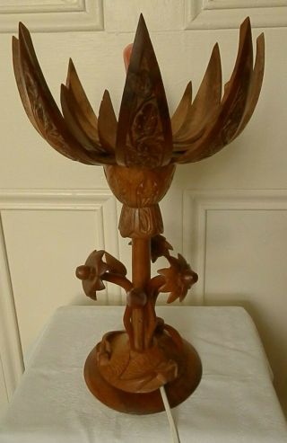 Vintage Hand Carved Wooden Articulated Lotus Flower Table Lamp,  H42 Cm