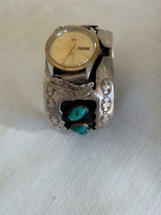 Vintage Navajo Sterling Silver & Turquoise Watch Cuff 142.  2 Grams Wide Band 7.  5 "