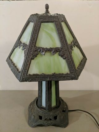 Vintage Antique Arts & Crafts Iron And Green Slag Glass Panel Table Lamp Mission